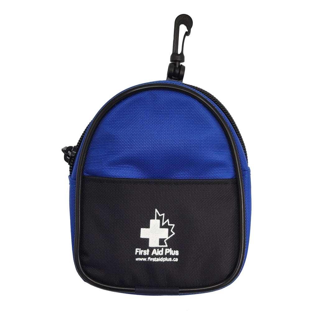 Blue and black first aid kit with a carabiner on a white background