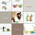 Collage of cat toys with 'Catwant' branding and a cat interacting with one toy.