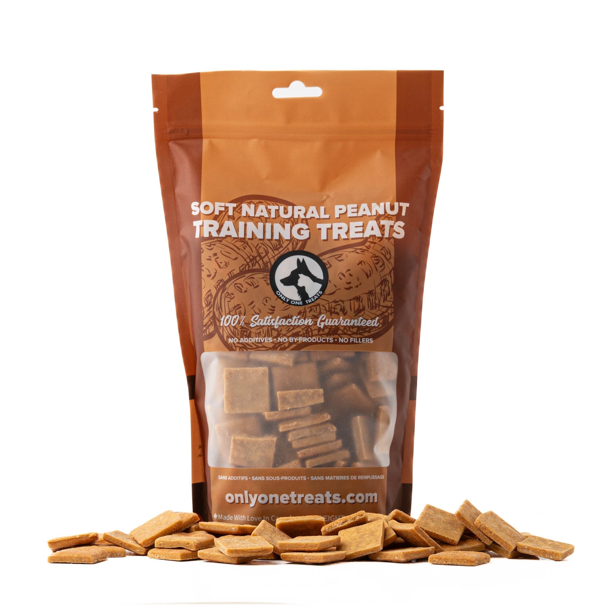 Package of soft natural peanut training treats with visible treats on a white background