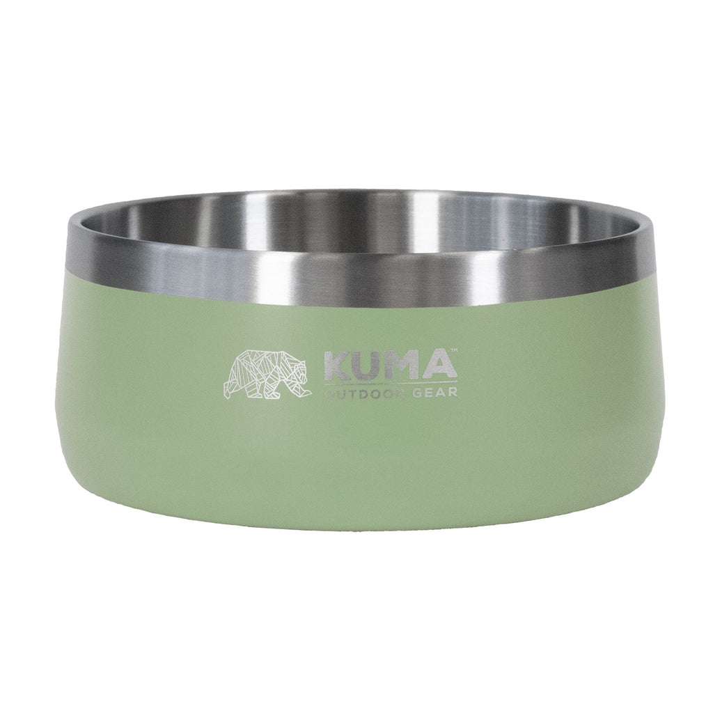 A Kuma Outdoor Gear dog bowl in sage green with a brushed stainless steel rim, shown on a plain white background.