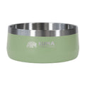 A Kuma Outdoor Gear dog bowl in sage green with a brushed stainless steel rim, shown on a plain white background.