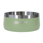 A Kuma Outdoor Gear dog bowl in sage green with a brushed stainless steel rim, shown on a plain white background.