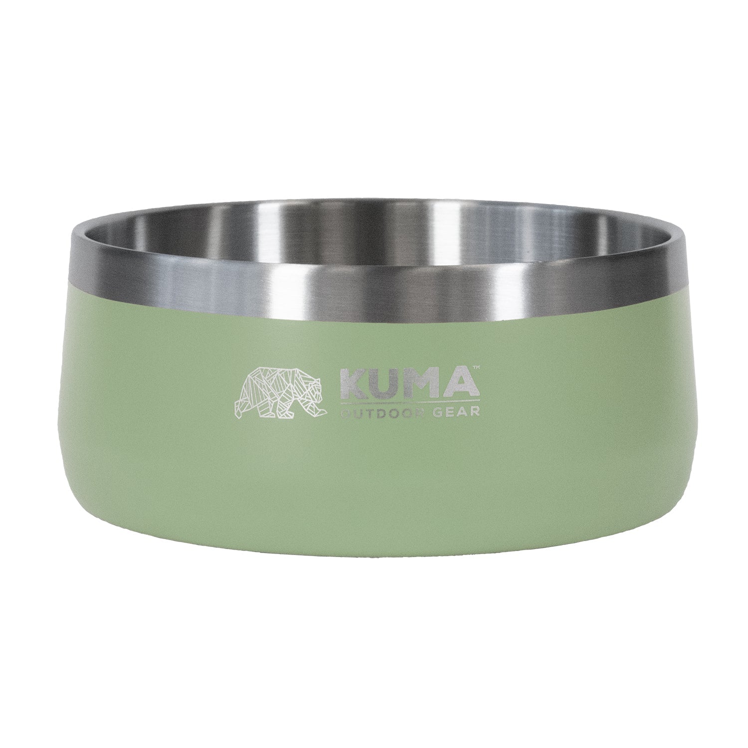 A Kuma Outdoor Gear dog bowl in sage green with a brushed stainless steel rim, shown on a plain white background.