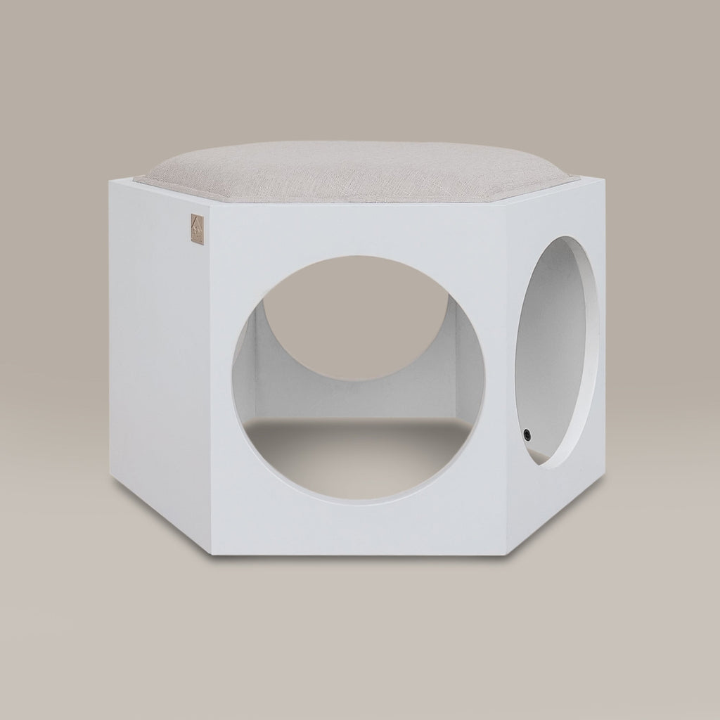 White hexagonal pet bed with circular holes on a beige background