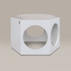 White hexagonal pet bed with circular holes on a beige background