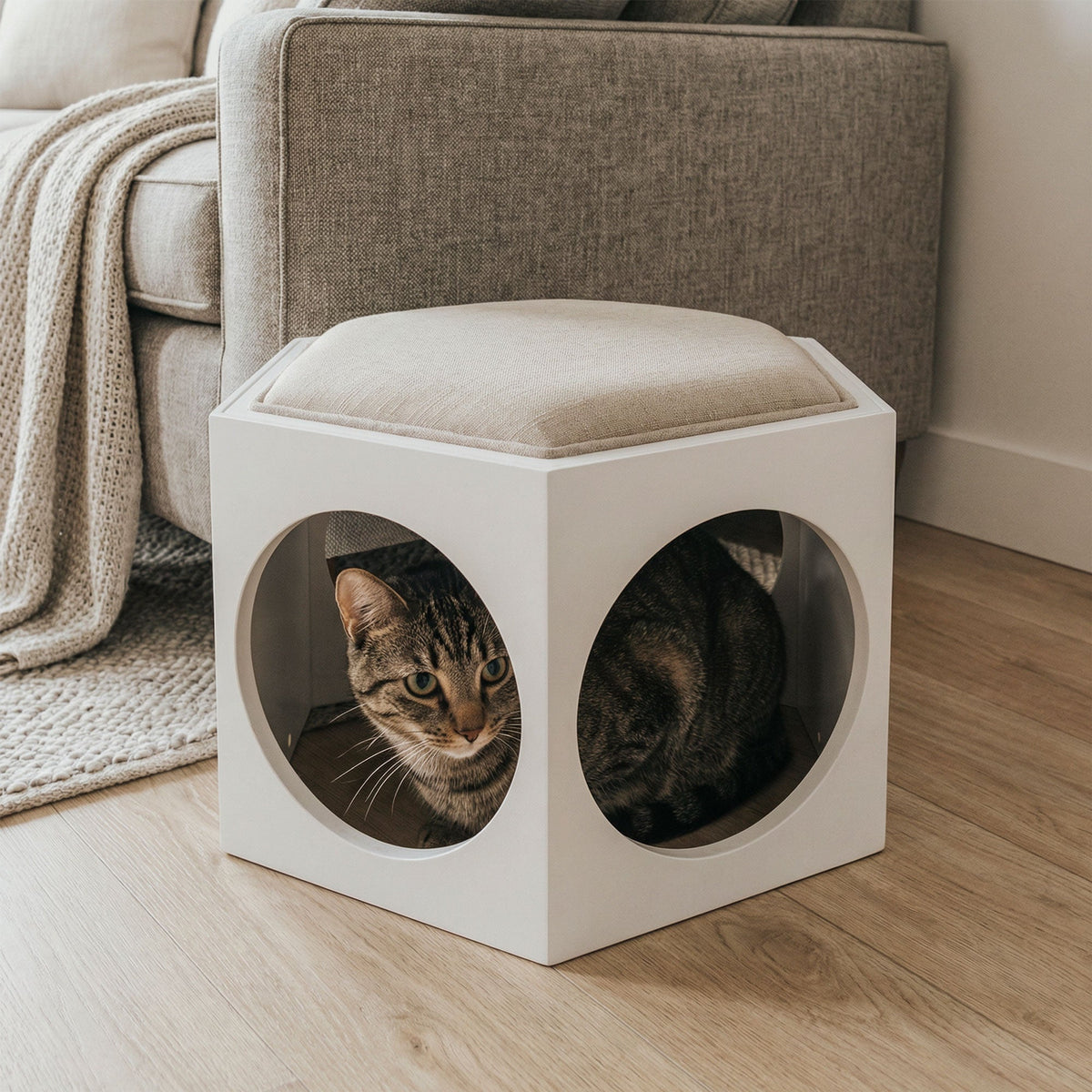 White cube-shaped pet bed with two cats inside in a living room setting.