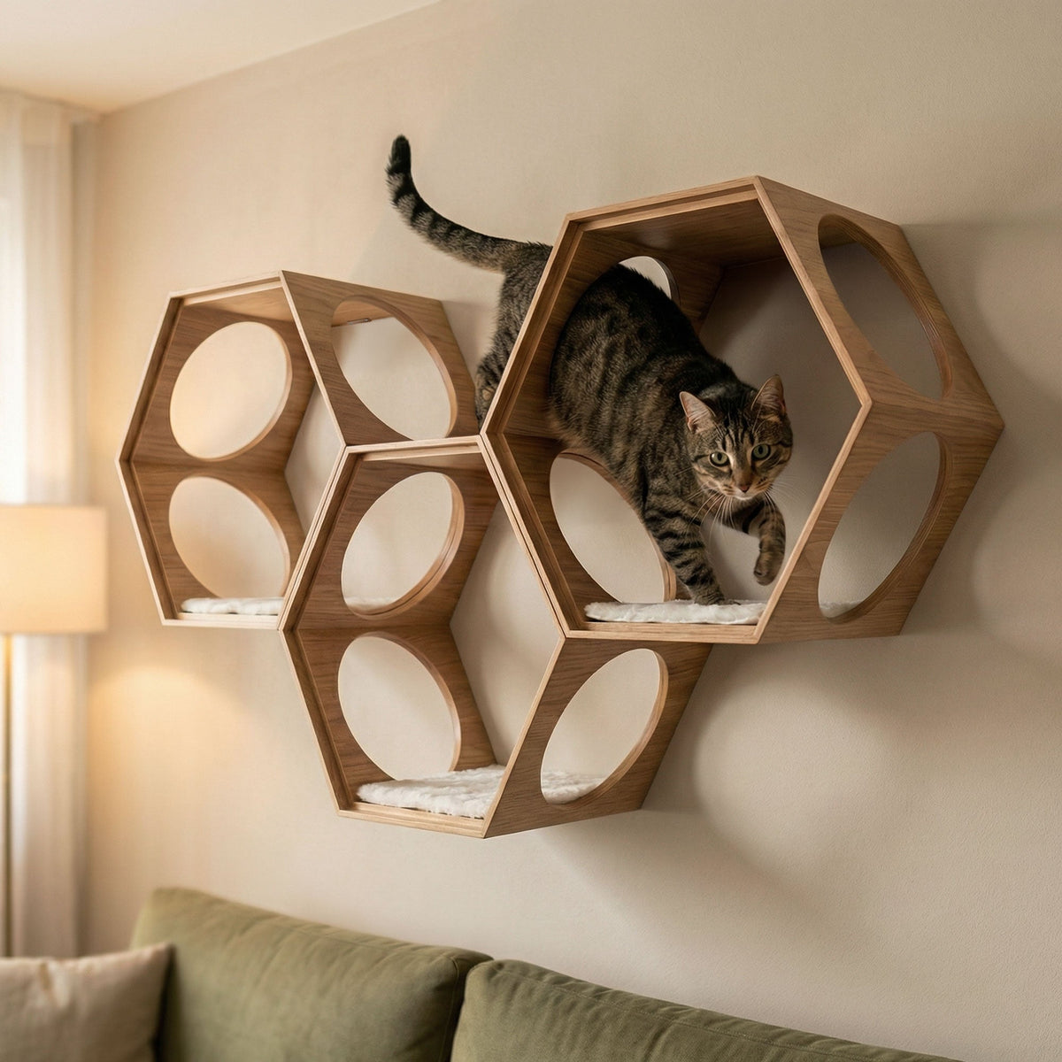 Hexagonal wooden cat shelf with a cat climbing on it against a beige wall.