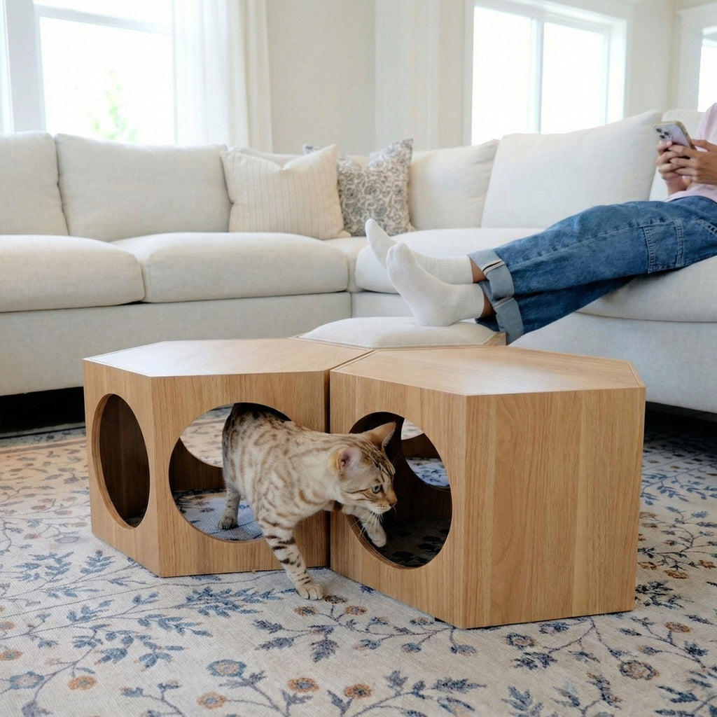 Cat playing with a wooden pet furniture piece in a living room.