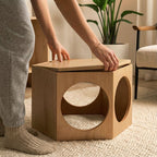Person opening a wooden pet bed with cat-shaped cutouts on a carpeted floor.