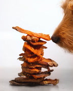 Stack of dried pet treats with a dog's nose reaching towards them on a white background