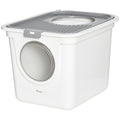 White and gray pet litter box with a door on a white background