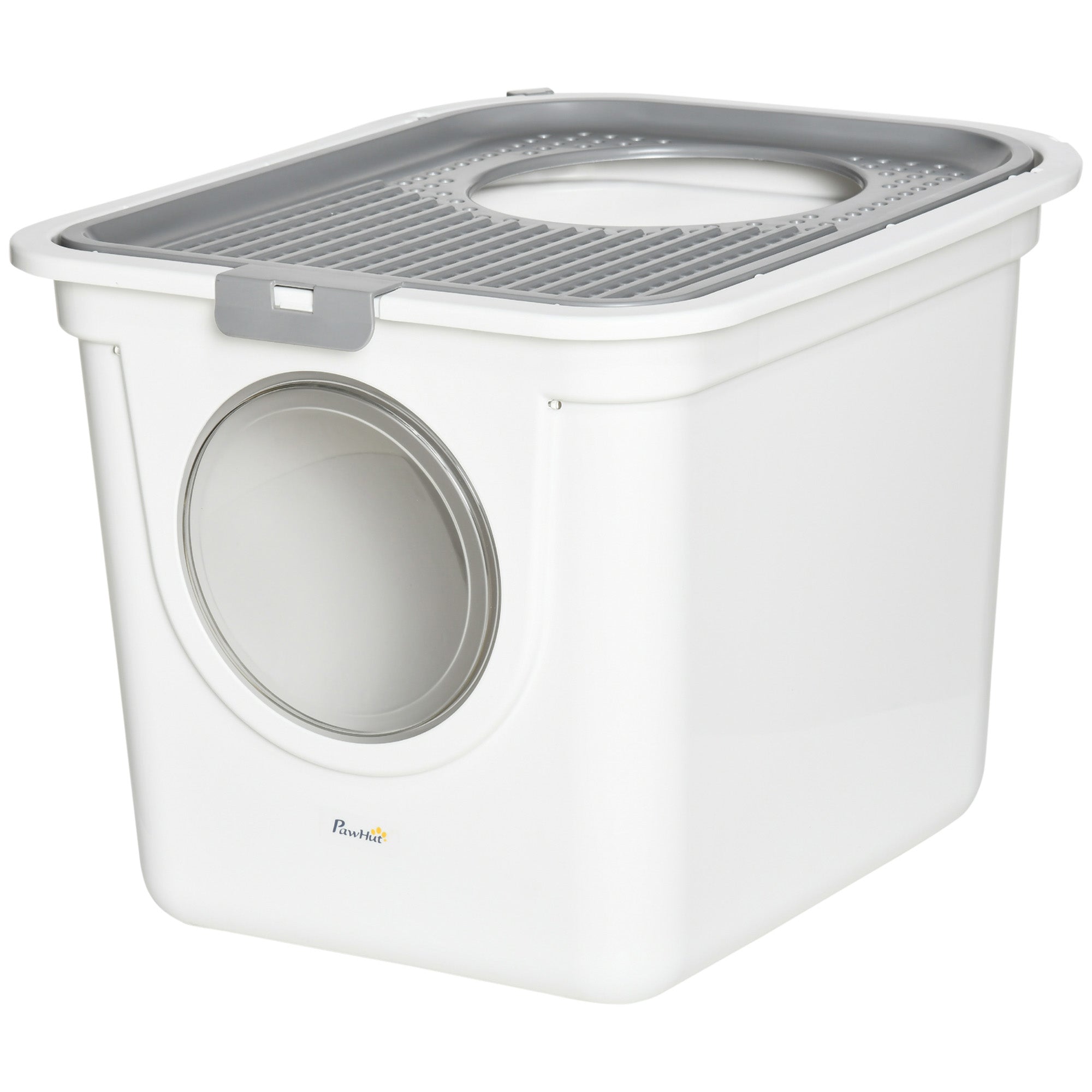 White and gray pet litter box with a door on a white background