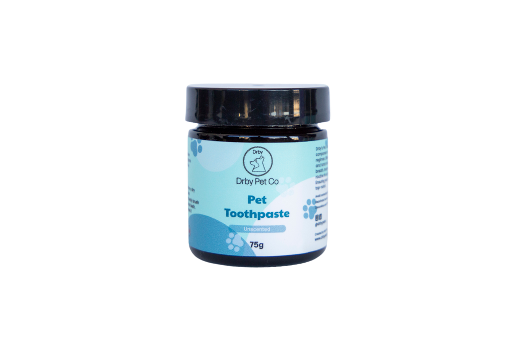 Jar of pet toothpaste with a blue label on a white background