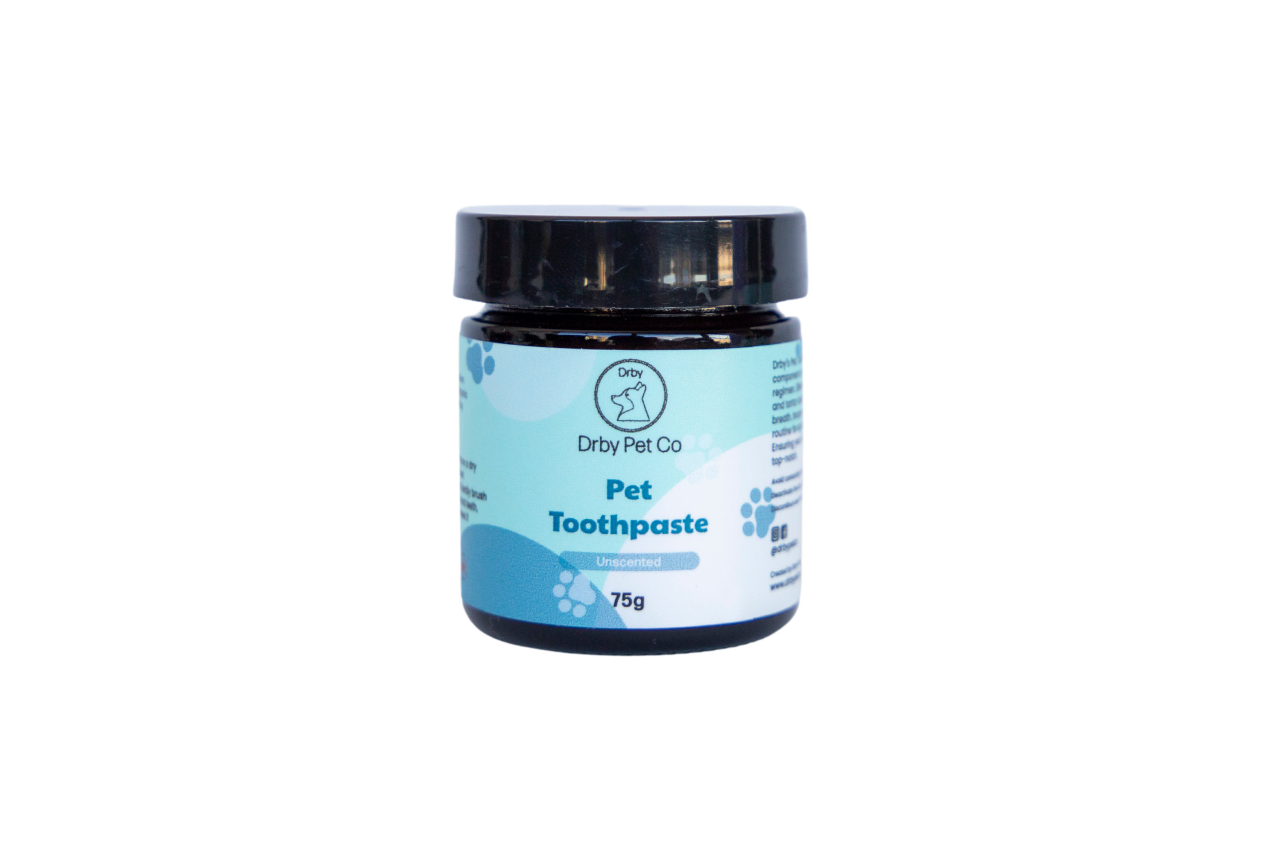 Jar of pet toothpaste with a blue label on a white background