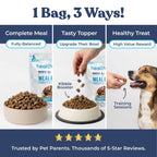 information of dog food and how to give to dogs as a complete meal, as a tasty topper or as a treat