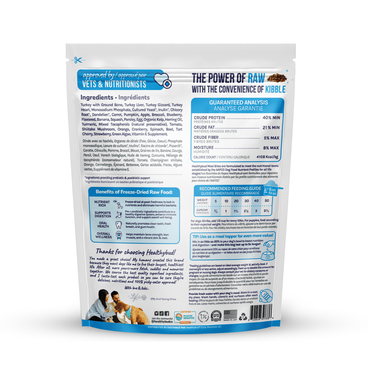 back of a dog food bag on a white background