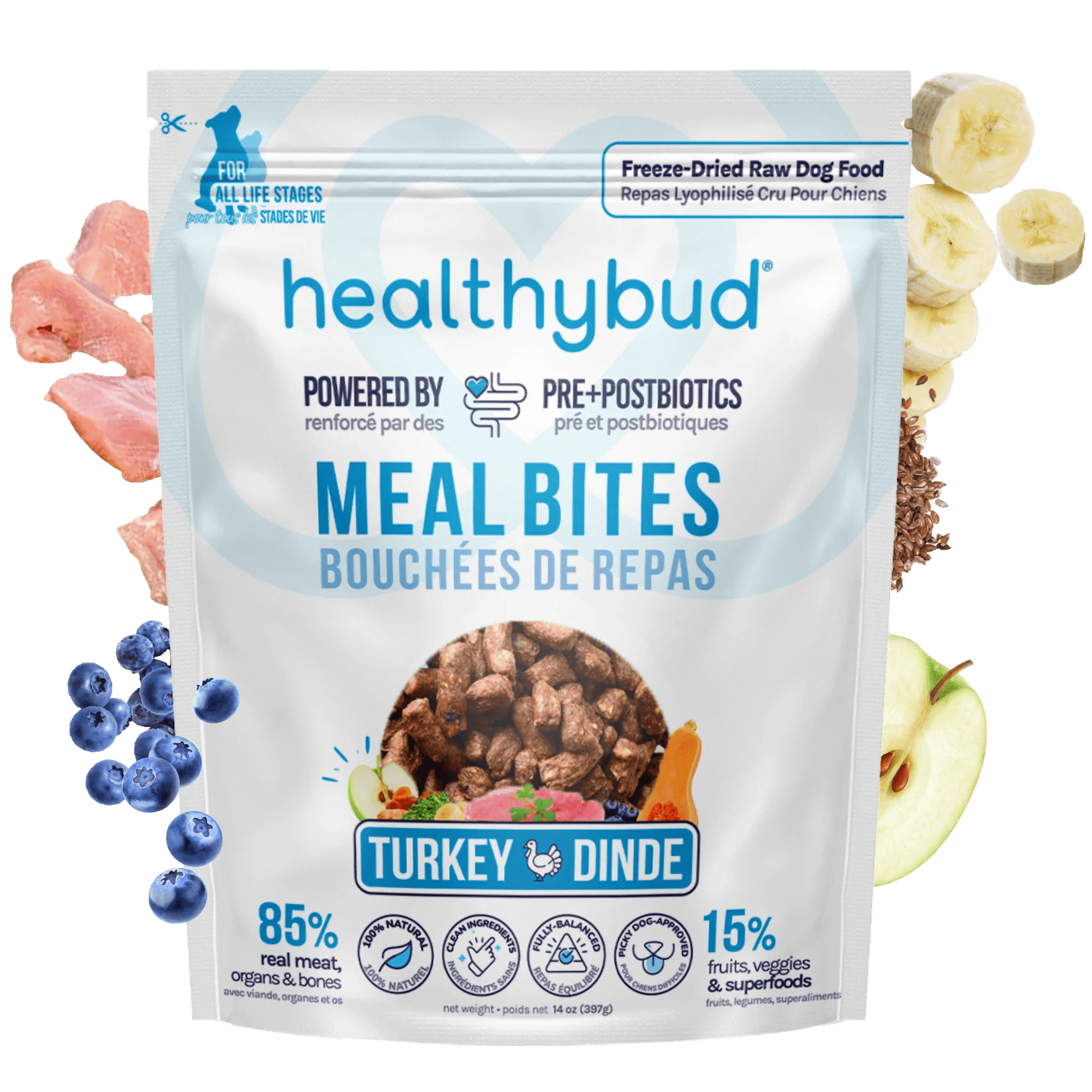bag of healthybud meal bites with meat and fruits. 