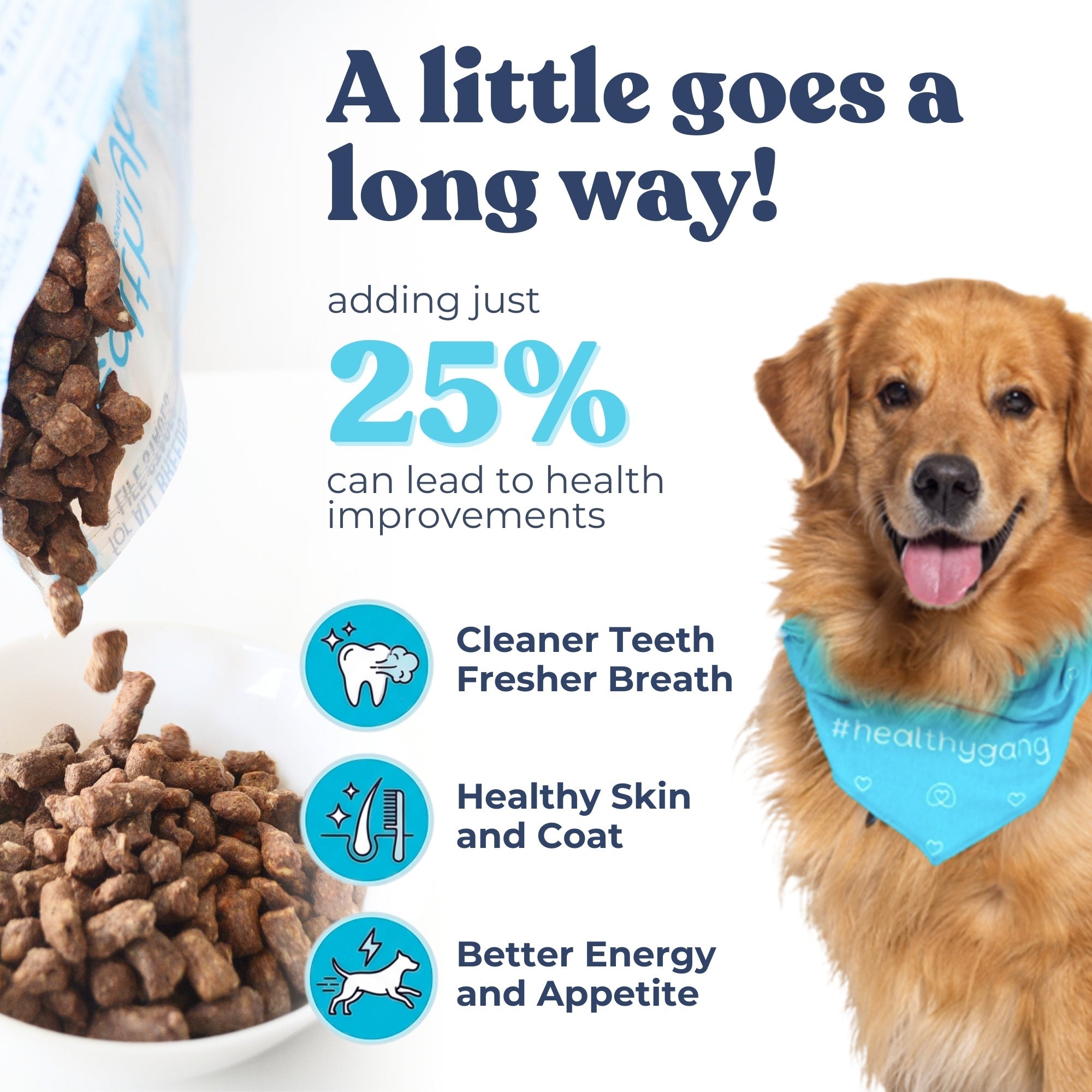 Dog food with a dog wearing a blue bandana with information regarding benefits of the dog food