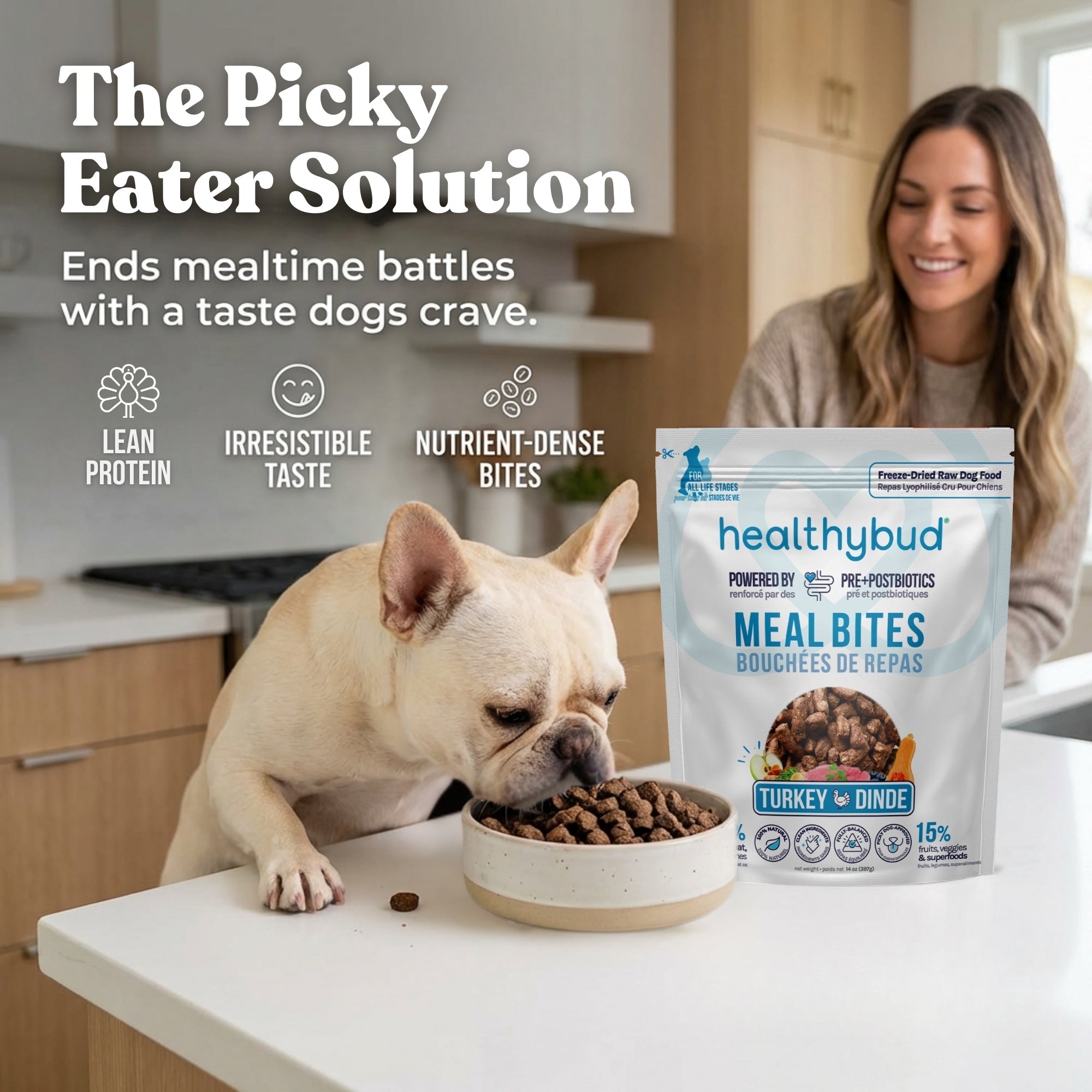 picture of a woman with a dog eating dog food with The picky eater solution in text