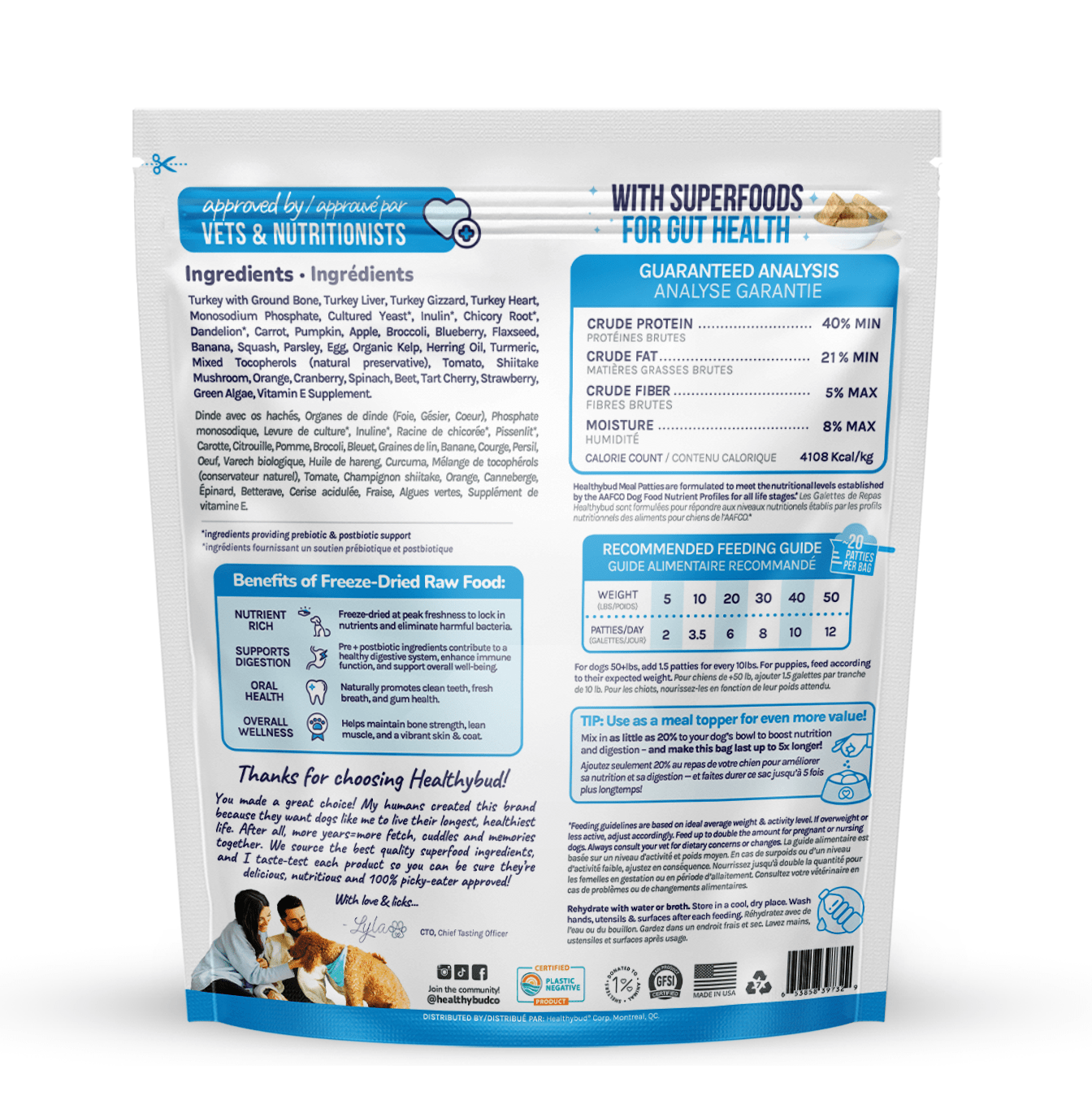 Back of a bag of dog food patties on a white background
