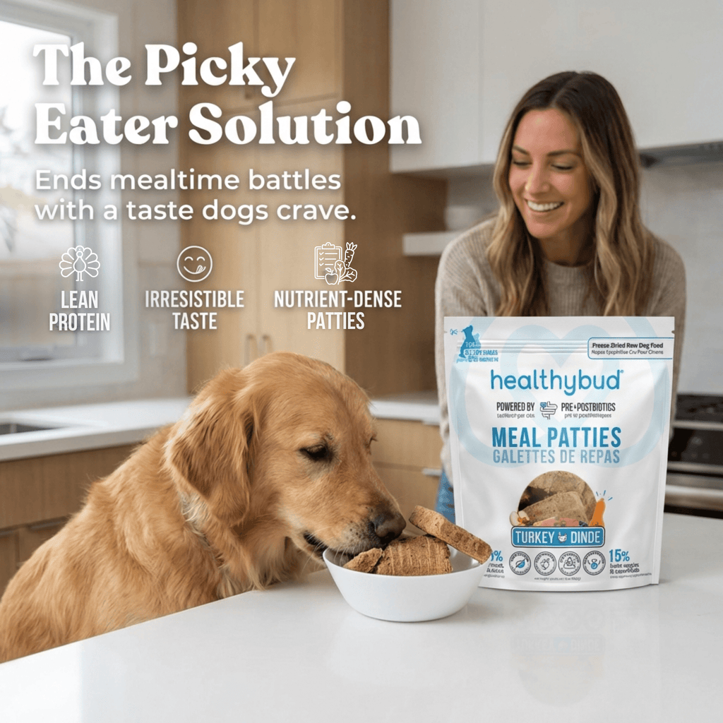 Picture of dog eating dog food patty along with a woman on a white background