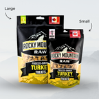 Two packages of Rocky Mountain Raw Freeze-Dried Turkey Treats, one large and one small, on a light gray background.