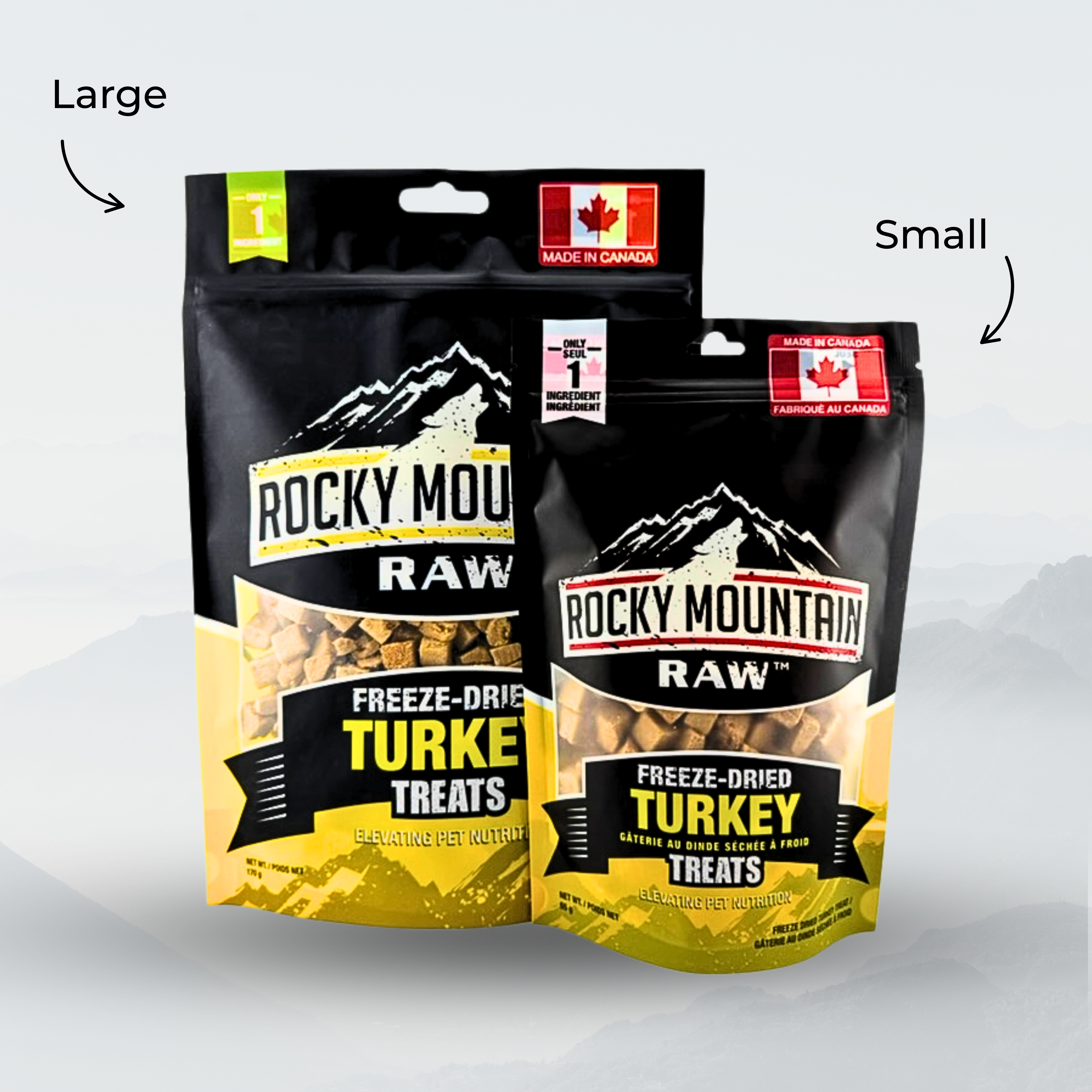 Two packages of Rocky Mountain Raw Freeze-Dried Turkey Treats, one large and one small, on a light gray background.