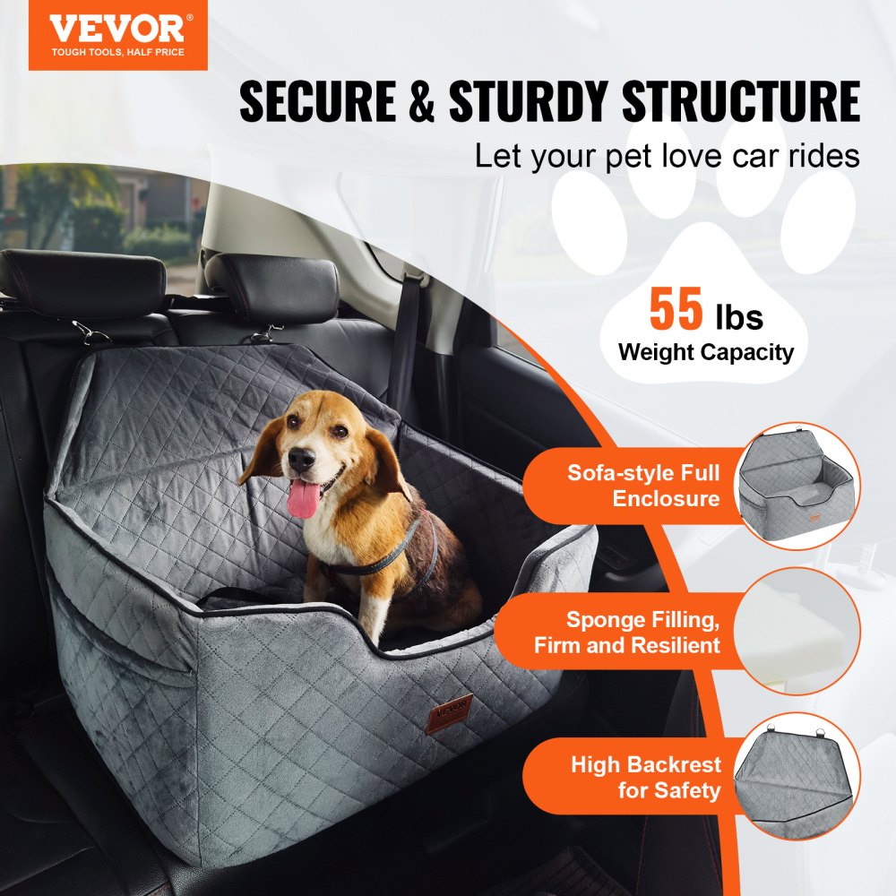 Pet car seat cover with a dog inside, featuring VEVOR branding and product features.