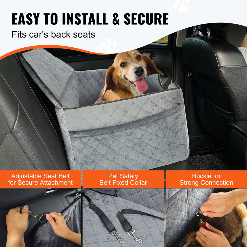 Pet car seat cover with features highlighted for installation and security, showing a dog inside.
