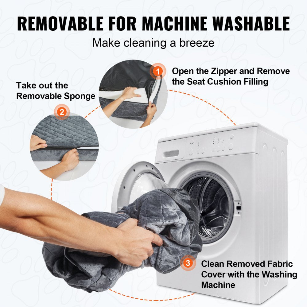 Instructions for removing a removable sponge from a seat cushion and washing it with a washing machine.