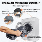 Instructions for removing a removable sponge from a seat cushion and washing it with a washing machine.