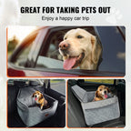 Dog in a car with a pet seat cover, promoting a happy car trip for pets.