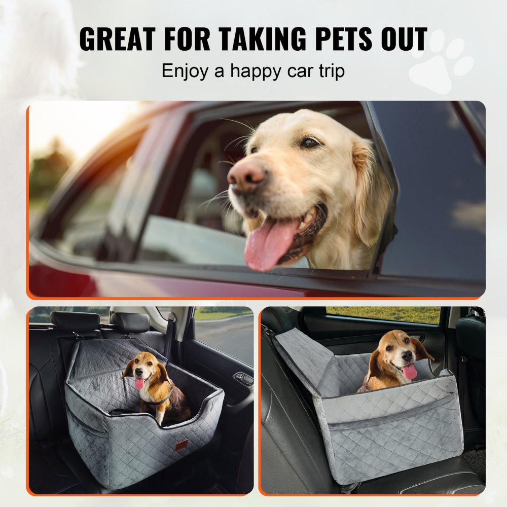 Dog in a car with a pet seat cover, promoting a happy car trip for pets.