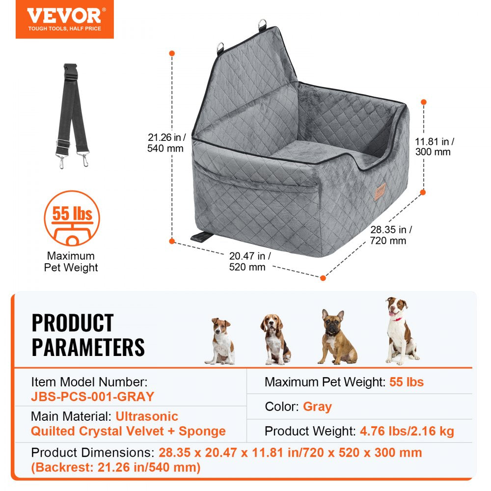 Gray pet car seat with dimensions and product parameters on a white background, featuring VEVOR branding.