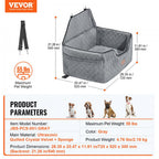 Gray pet car seat with dimensions and product parameters on a white background, featuring VEVOR branding.