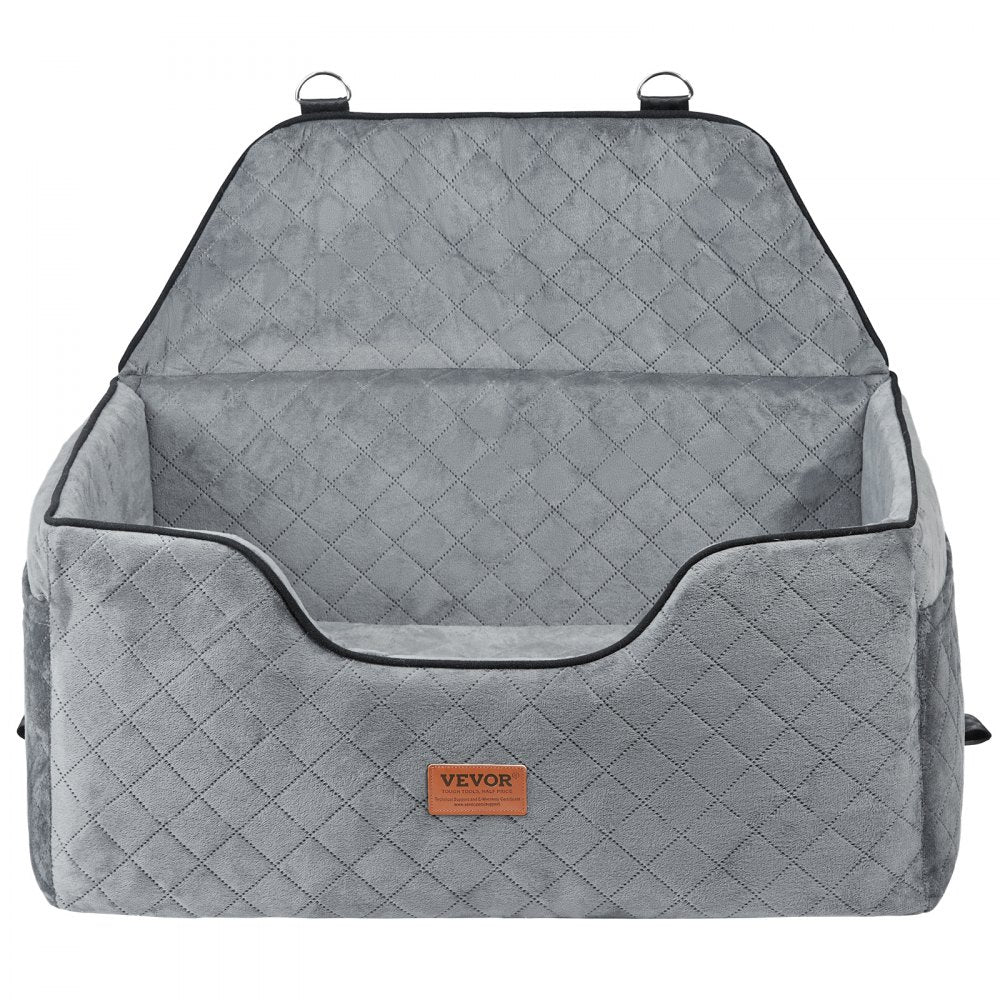 Gray quilted pet car seat with Vevor logo on a white background
