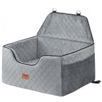 Gray quilted pet car seat with a visible brand logo on a white background