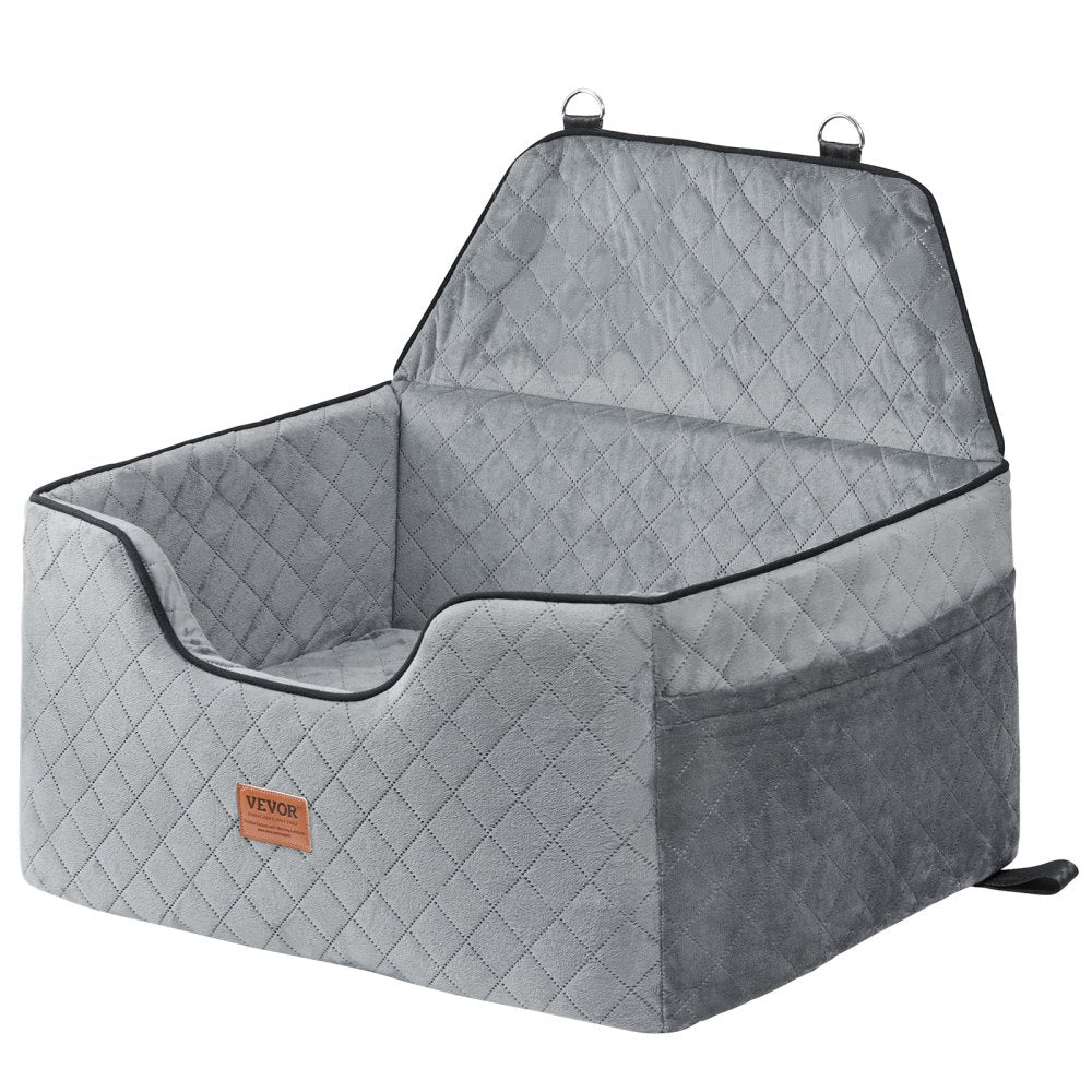Gray quilted pet car seat with a visible brand logo on a white background