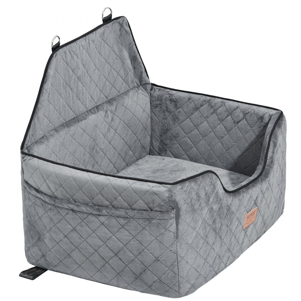 Gray quilted pet car seat with a brand label on a white background