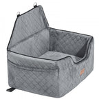 Gray quilted pet car seat with a brand label on a white background