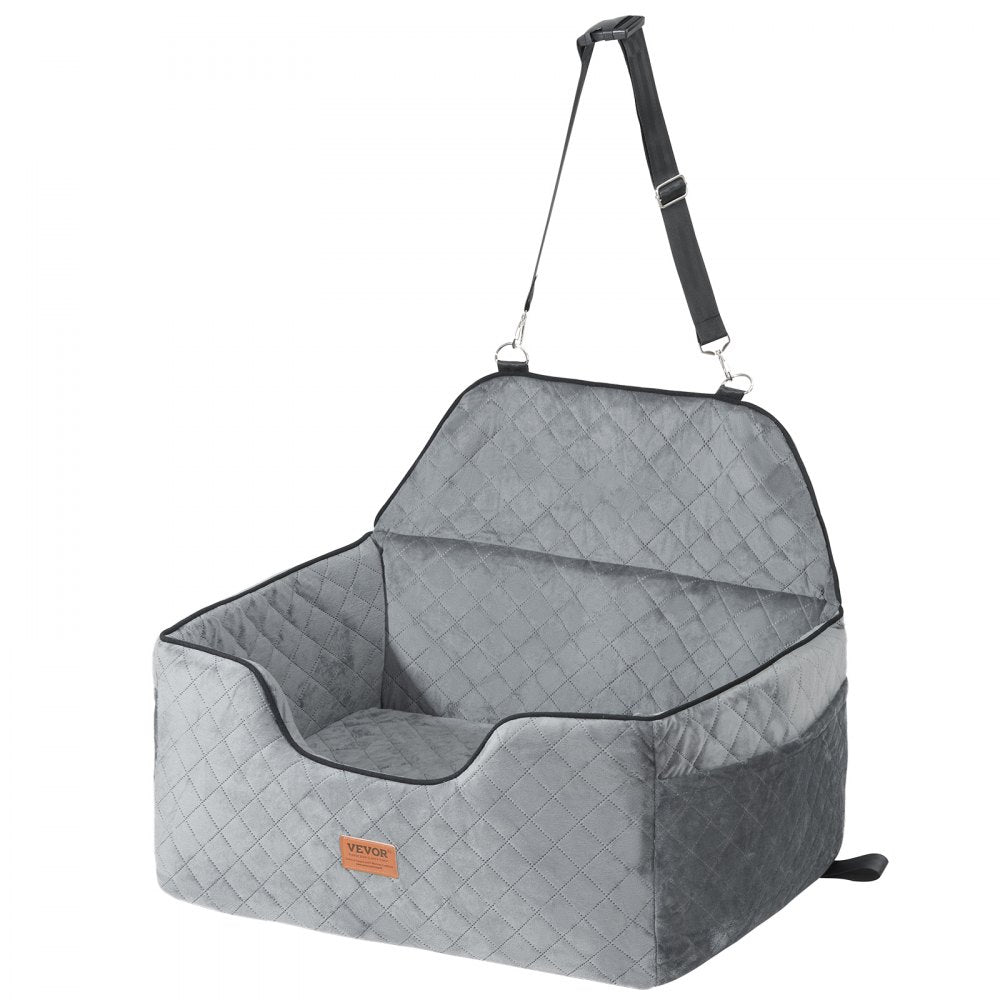 Gray pet seat cover with quilted pattern and carrying handle on a white background