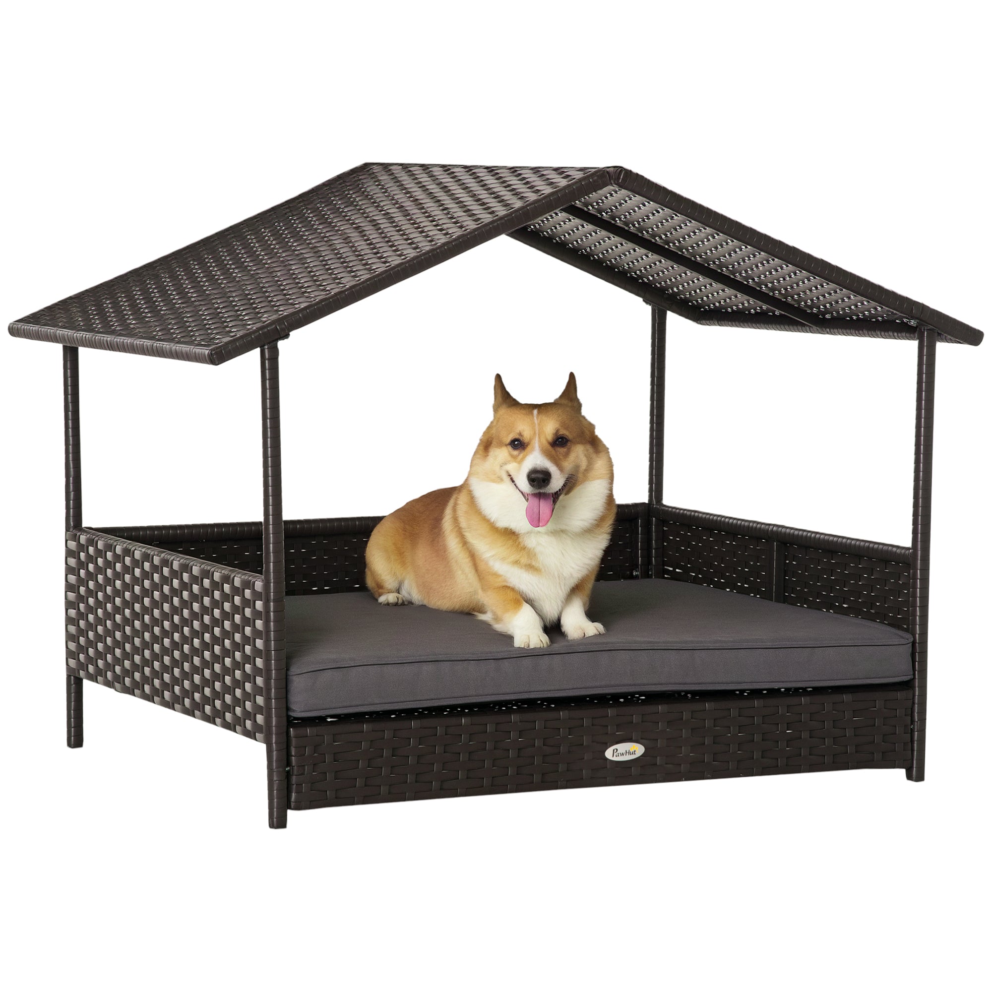 Dog lying on a rattan pet house with a roof