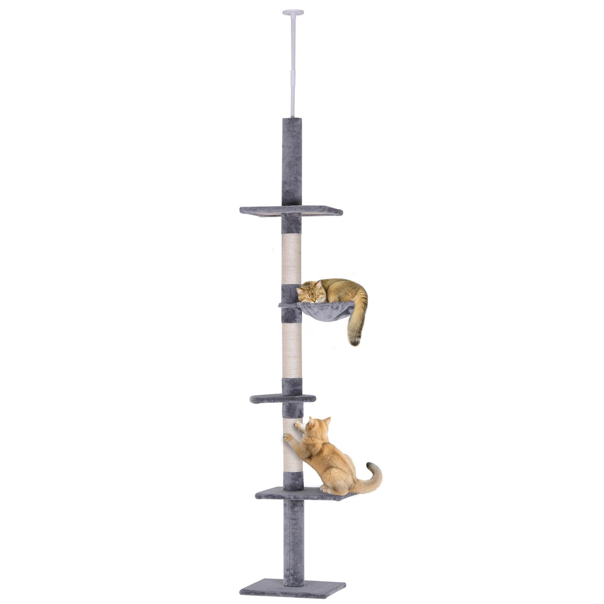 Cat tree with multiple levels and a hammock on a white background
