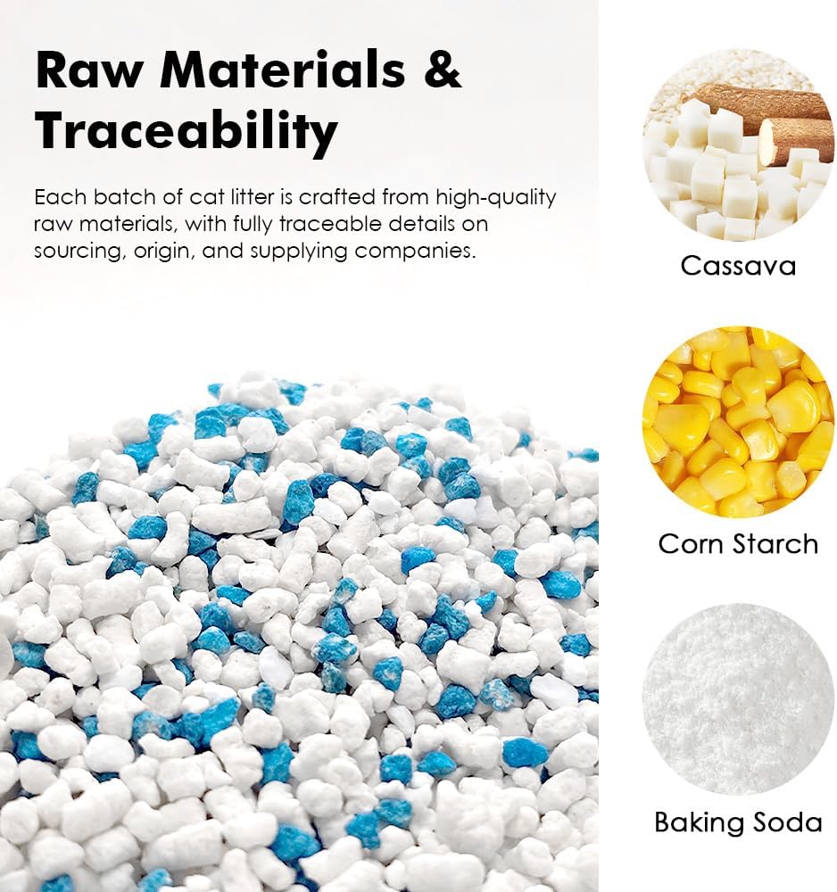 Cat litter with raw materials shown and labeled as cassava, corn starch, and baking soda.