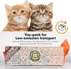 Two kittens with a vac-pack for low-emission transport and CO2 reduction text.