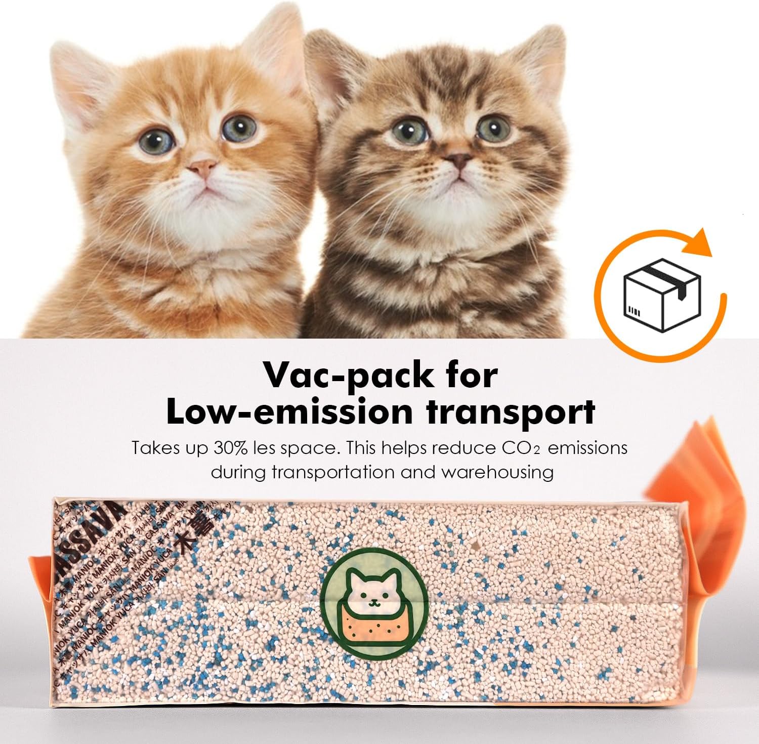 Two kittens with a vac-pack for low-emission transport and CO2 reduction text.