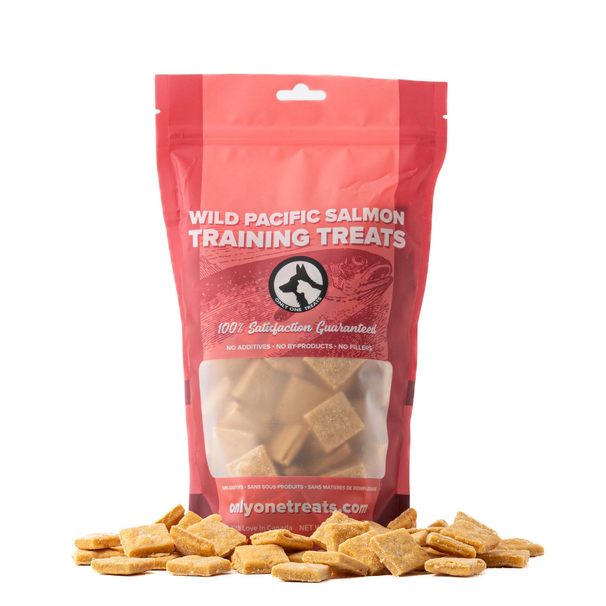 Bag of Wild Pacific Salmon Training Treats with treats spilling out on a white background