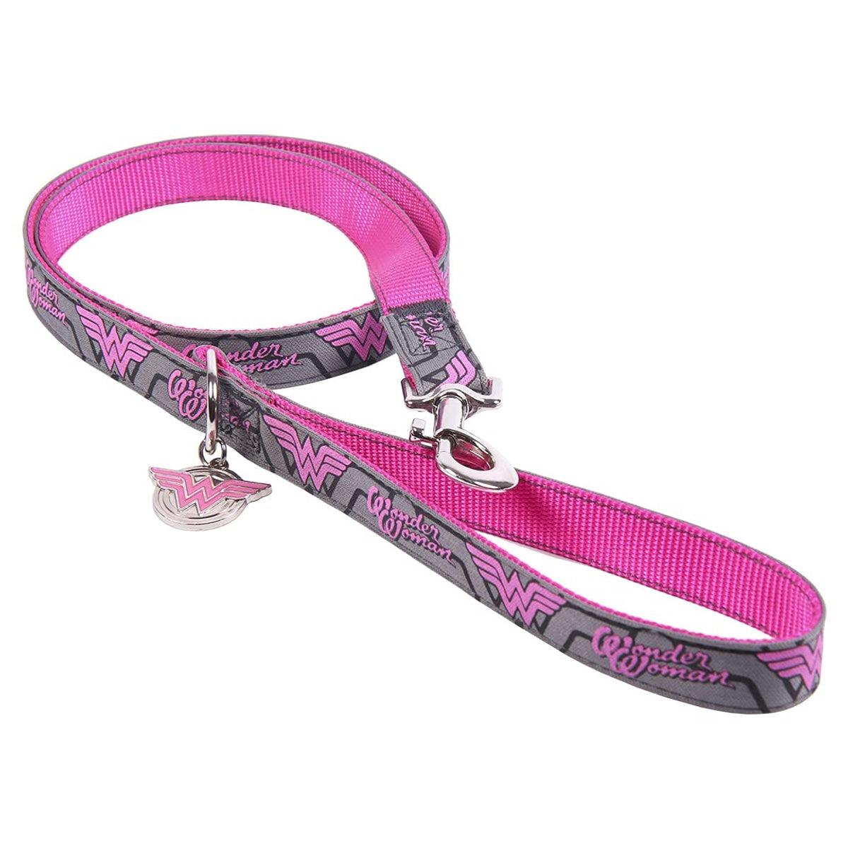 Pink and gray 'Wonder Woman' themed dog leash on a white background
