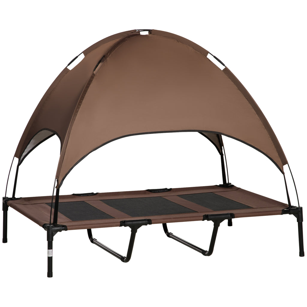 Brown camping pet cot with canopy on a white background