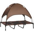 Brown camping pet cot with canopy on a white background